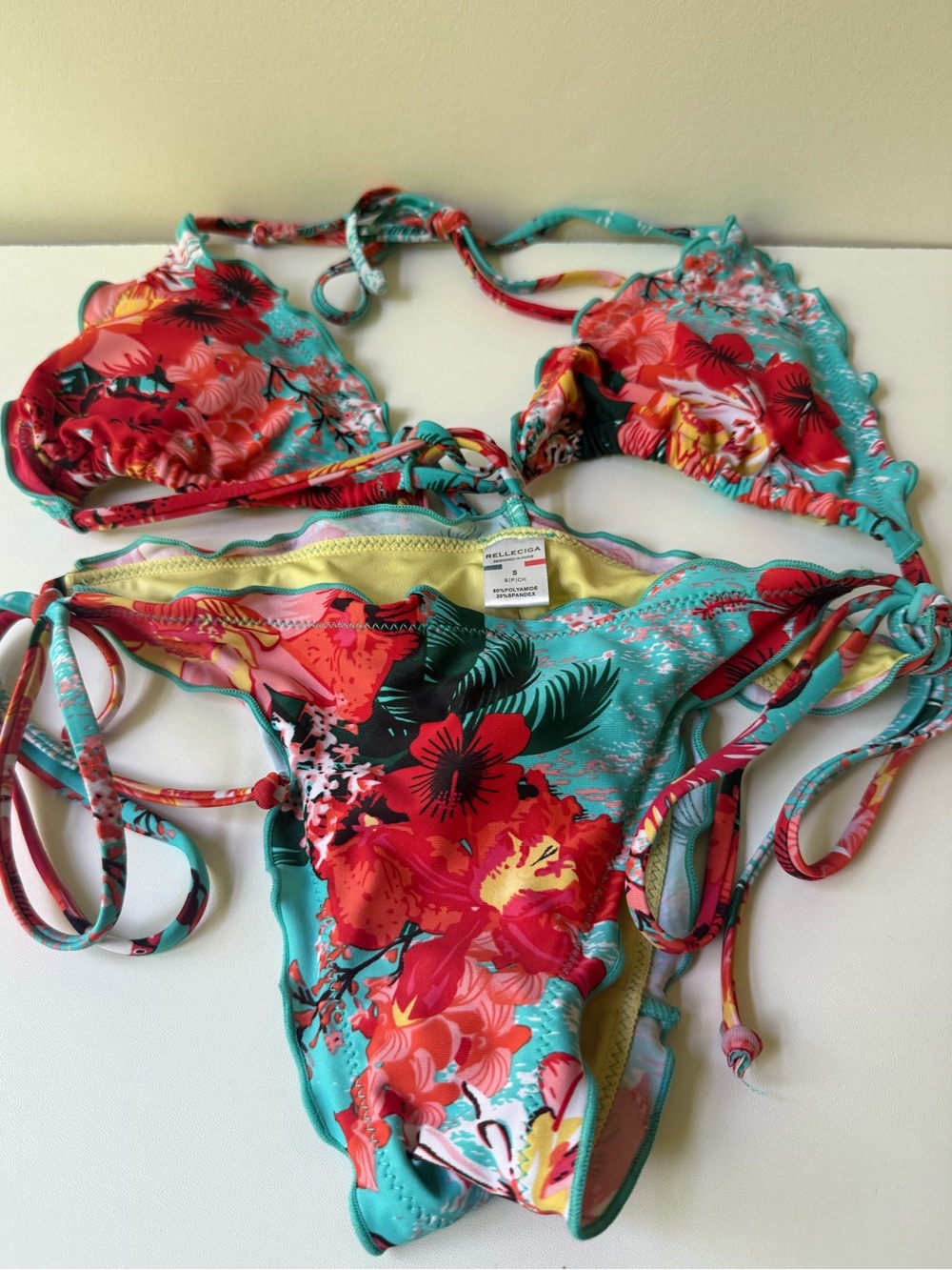 RELLECIGA Turquoise, Yellow & Red Floral Bikini Label Detail